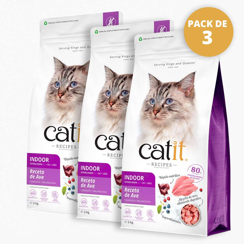 Pack de 3 bolsas de Pienso para Gatos Catit Recipes-Receta de Aves para ESTERILIZADO. Las bolsas Incluyen sellos de calidad: 80% de proteína animal y fórmula sin grano. Junto con detalles de Sostenibilidad: Producción neutra en carbono y bolsas LDPE4 completamente reciclables.