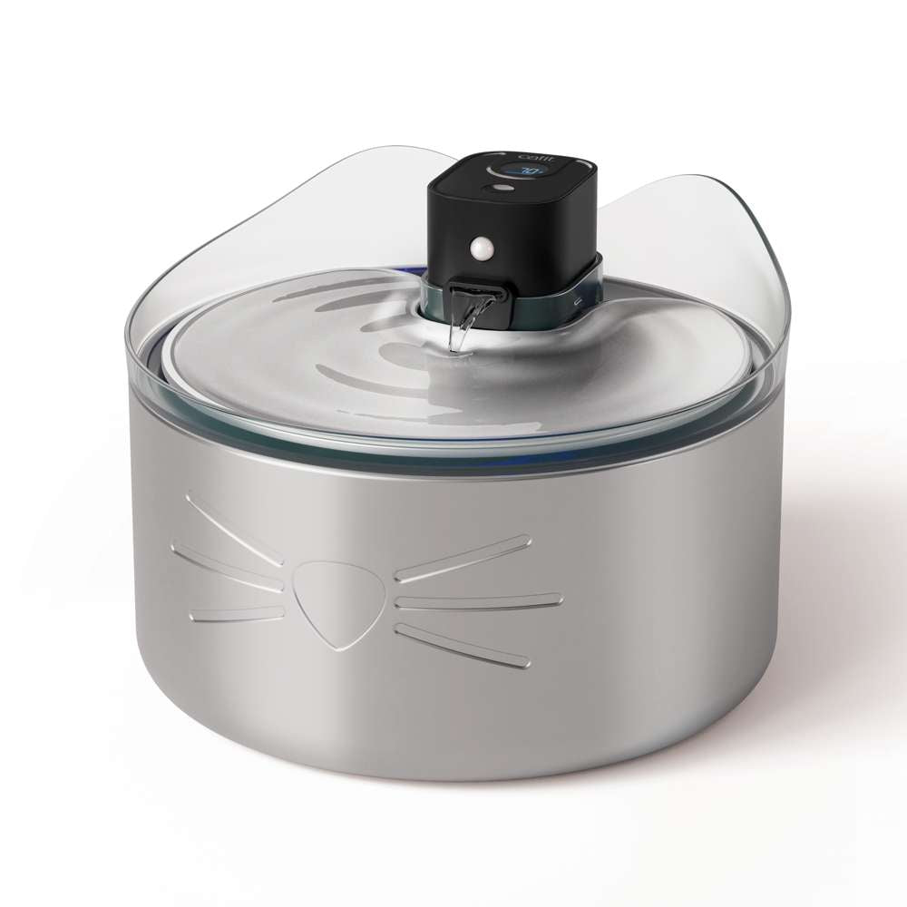 Fuente para gatos PIXI UVC de acero inoxidable, sin cables con indicador LED frontal y boquilla superior.
