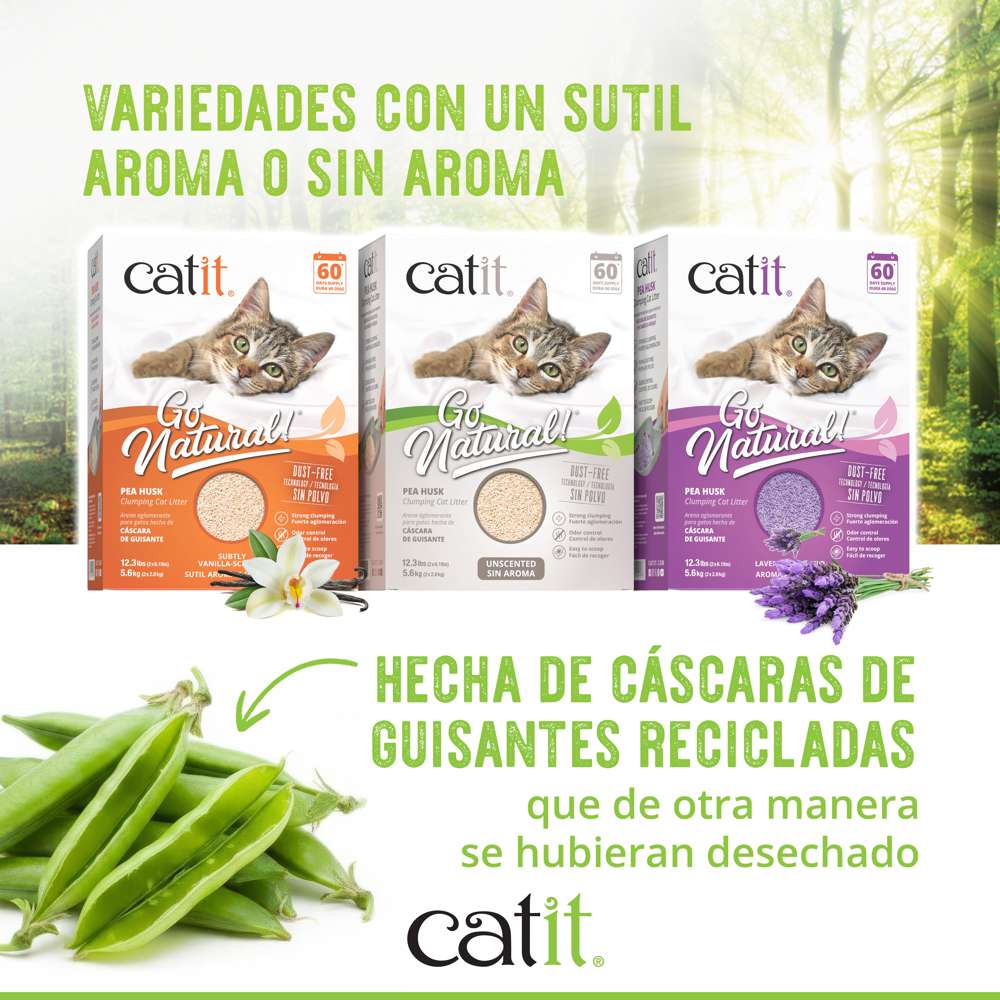 Variedades con aroma o sin aroma de arena para gatos de cáscara de guisantes recicladas de Catit Go Natural