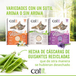 Variedades con un sutil aroma o sin aroma de la Arena para Gatos Catit Go Natural.  Hecha de cáscaras de guisantes recicladas. Que de otra manera se hubieran desechado.