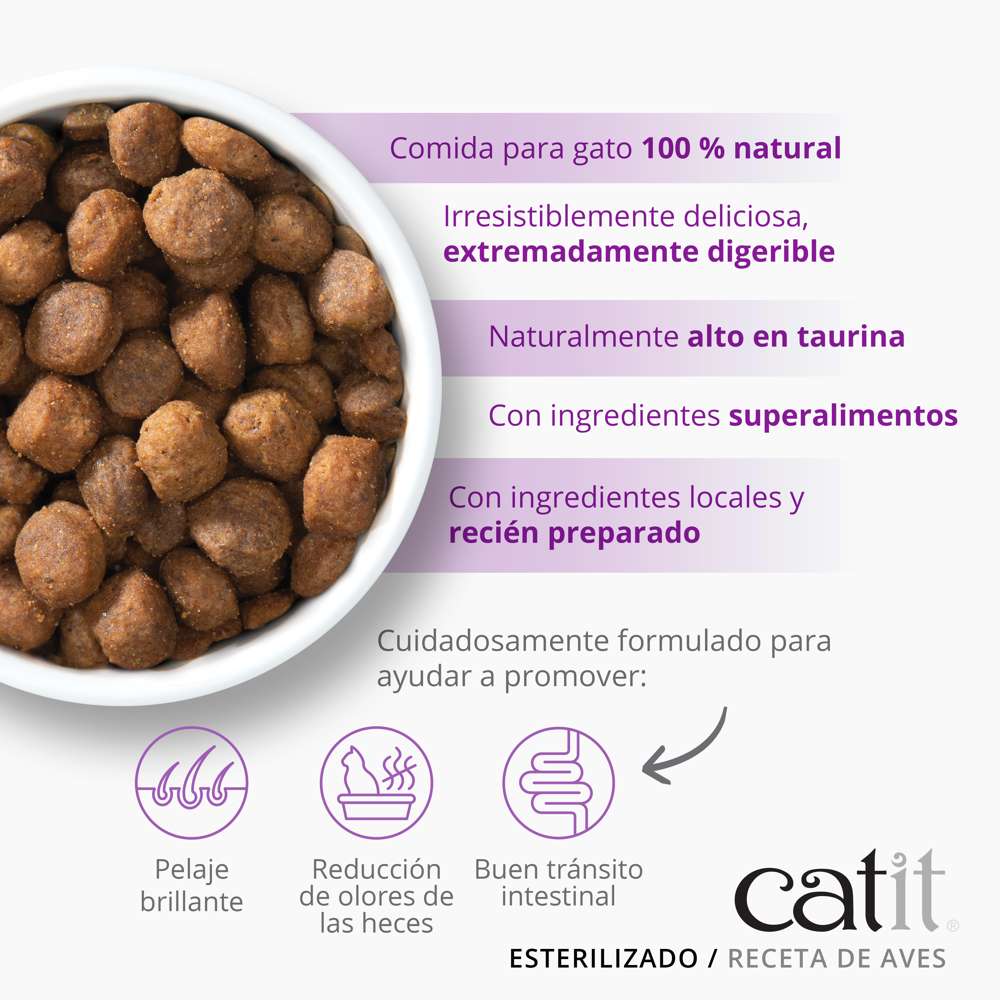 Primer plano de las croquetas de pienso 100% natural Catit Recipes Esterilizado Receta de Aves. La imagen detalla beneficios clave: rica en taurina, ingredientes locales y fórmula diseñada para promover un pelaje brillante, reducción de olores y un buen tránsito intestinal.