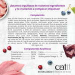 Tabla de composición detallada del pienso Catit Recipes Esterilizado Receta de Aves, resaltando un 41,8% de aves y 30,5% de proteína bruta. Incluye el mensaje de transparencia de la marca: ¡Estamos orgullosos de nuestros ingredientes y te invitamos a comparar etiquetas!