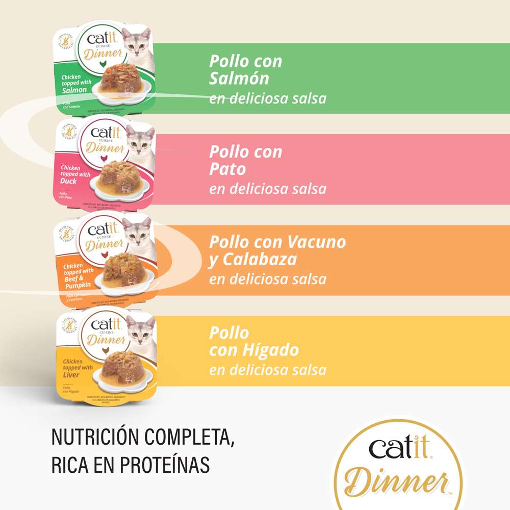 Variedades de comida húmeda Catit Cuisine Dinner: Pollo con Salmón, Pato, Vacuno y Calabaza, e Hígado en salsa.
