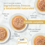 Variedades de comida húmeda completa Catit Cuisine Dinner con ingredientes naturales: pollo con pato, salmón, vacuno e hígado.