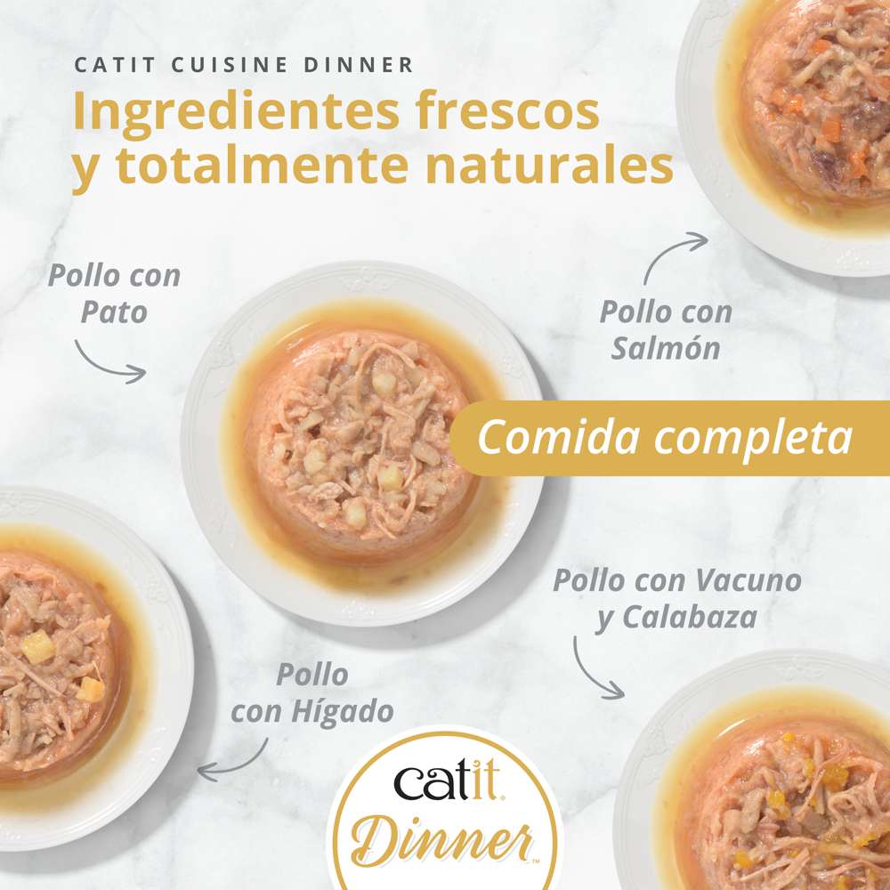 Variedades de comida húmeda completa Catit Cuisine Dinner con ingredientes naturales: pollo con pato, salmón, vacuno e hígado.