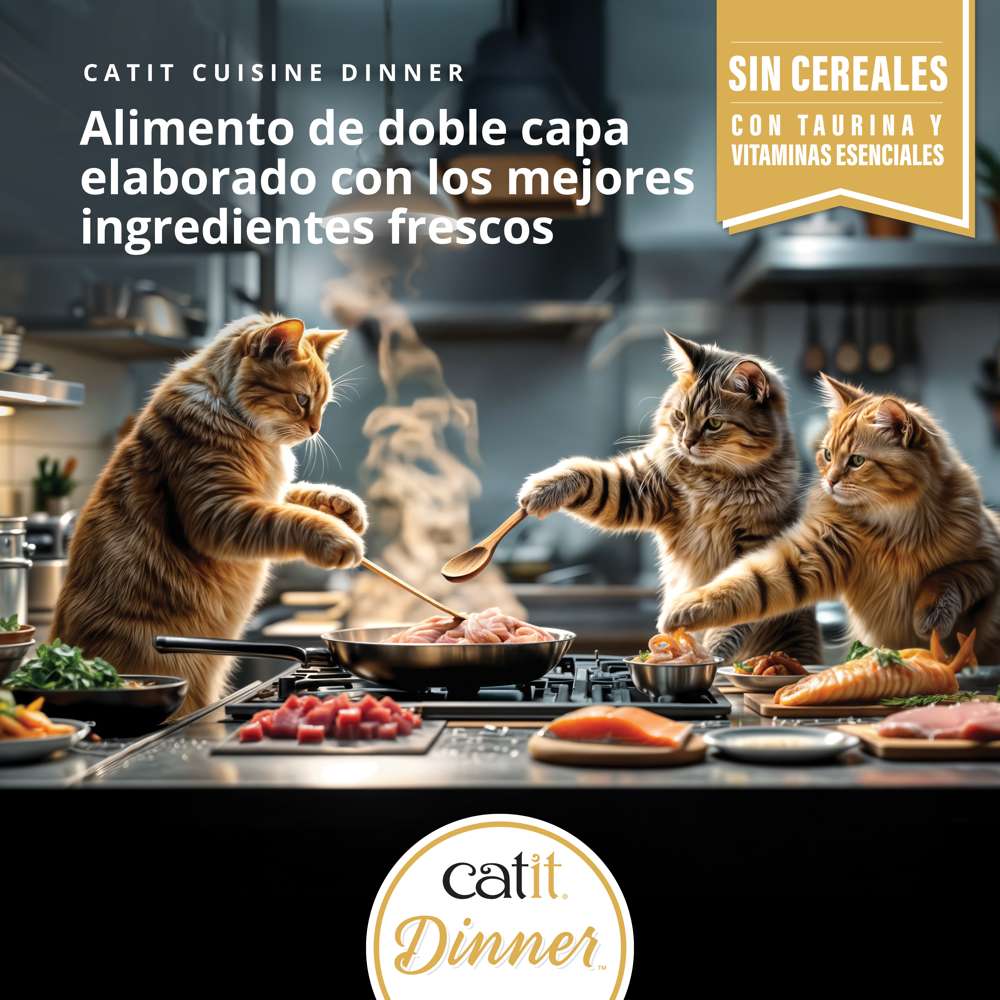 Gatos cocinando ingredientes frescos para la comida húmeda Catit Cuisine Dinner, alimento sin cereales de doble capa.