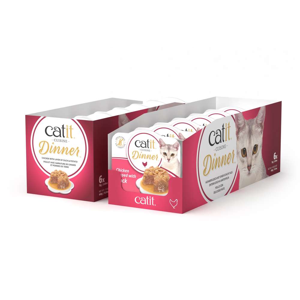 Dos cajas de comida húmeda Catit Cuisine Dinner de Pollo con Pato y Patata sin cereales.