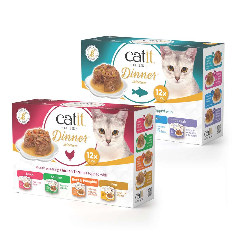 Packs de comida húmeda natural Catit Cuisine Dinner variedades Selección de Pescado y Selección de Aves.