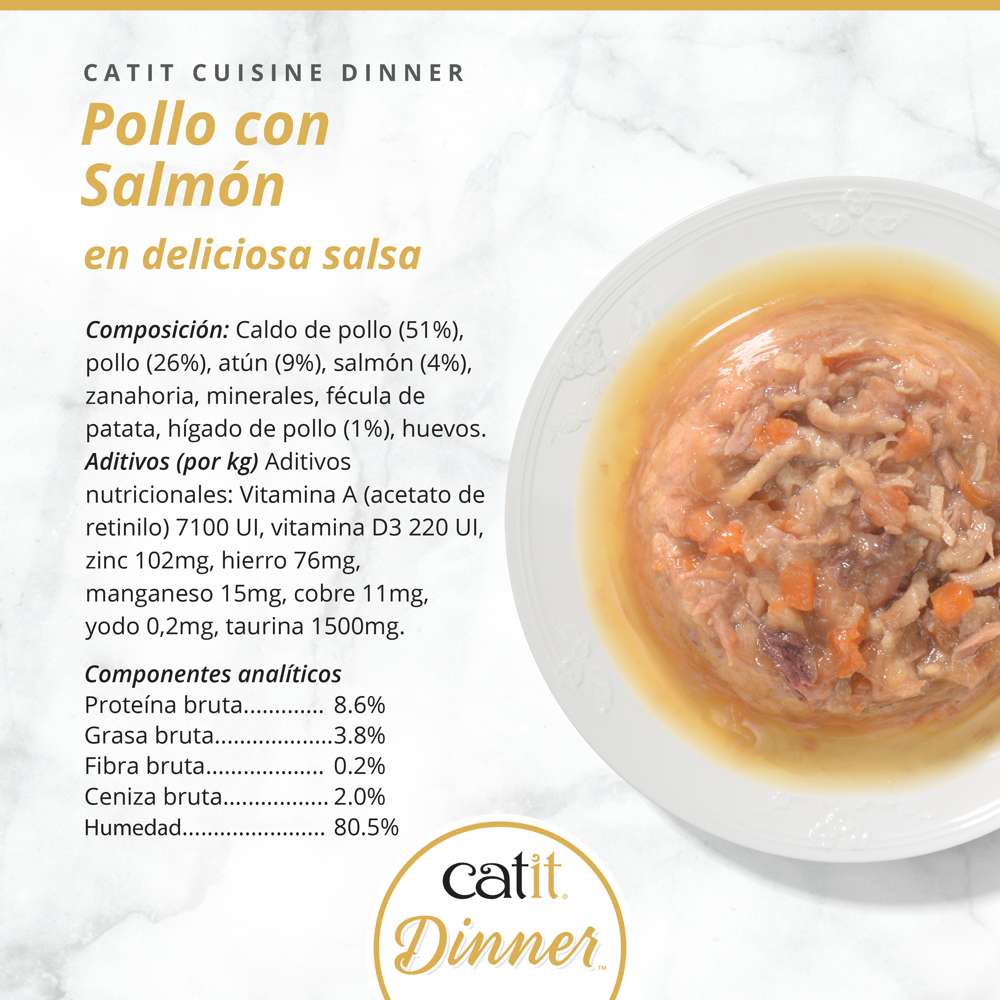 Composición detallada y análisis nutricional de la comida húmeda Catit Cuisine Dinner de Pollo con Salmón.
