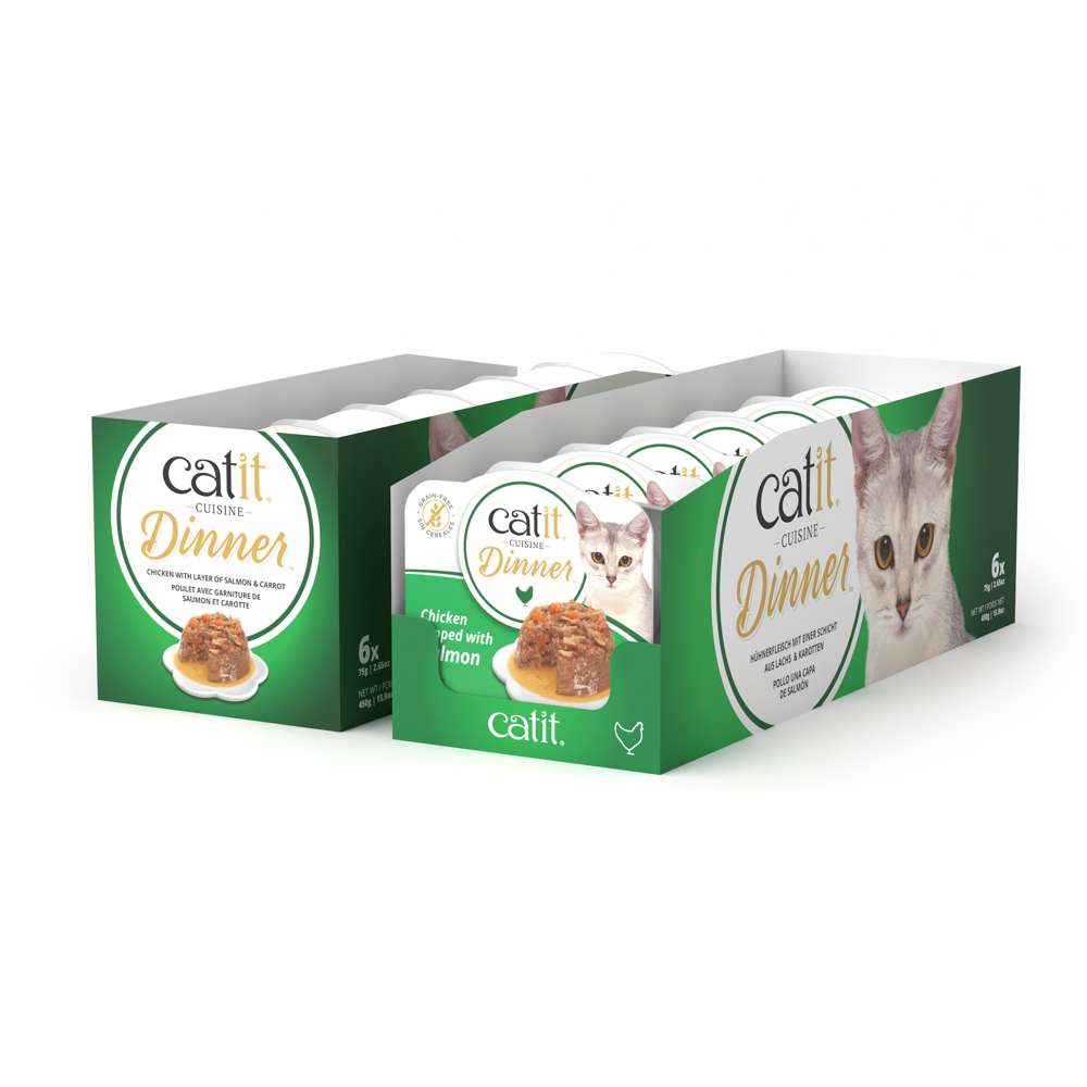 Dos cajas de comida húmeda Catit Cuisine Dinner de Pollo con Salmón y Zanahoria sin cereales.