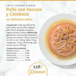 Lista de ingredientes y composición nutricional de la comida húmeda Catit Cuisine Dinner de Pollo con Vacuno y Calabaza.