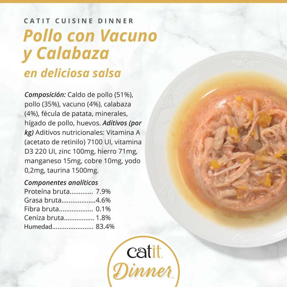 Lista de ingredientes y composición nutricional de la comida húmeda Catit Cuisine Dinner de Pollo con Vacuno y Calabaza.
