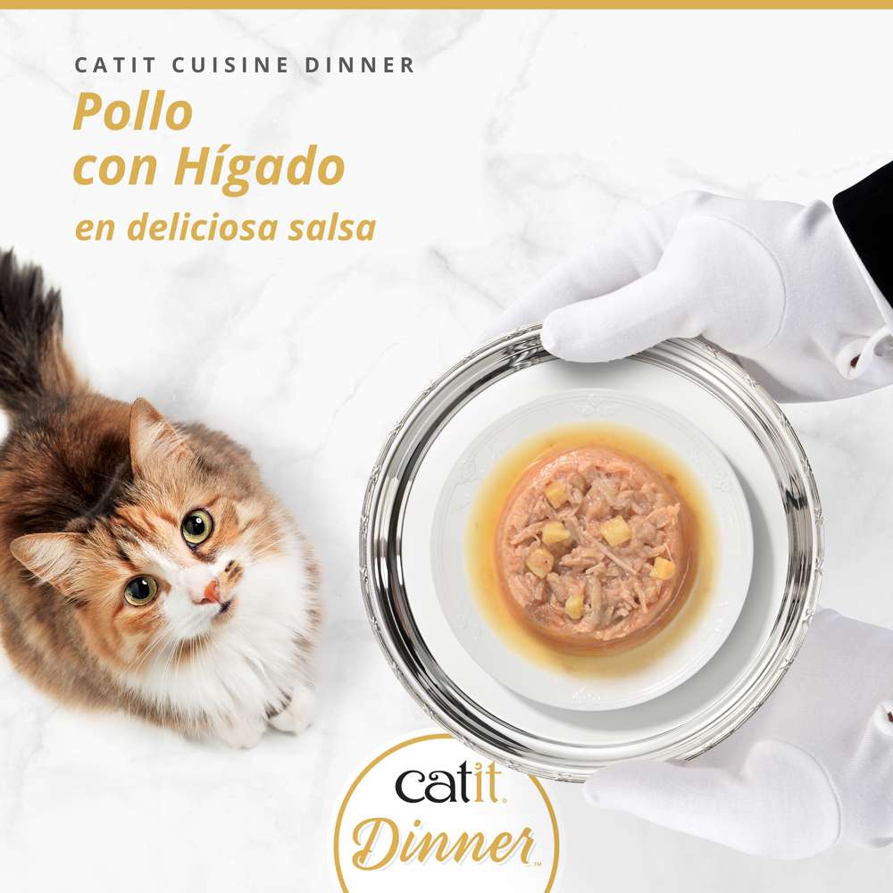 Comida húmeda Catit Cuisine Dinner de Pollo con Hígado en salsa servida por un camarero a un gato atento.