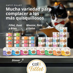 Variedad de comida húmeda para gatos Catit Fillet, Mousse y Dinner con un gato con gafas revisando el menú.