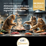Gatos cocinando alimento húmedo Catit Cuisine Dinner de doble capa sin cereales con ingredientes frescos.