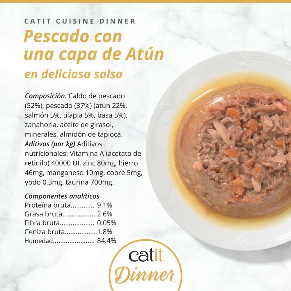 Lista de ingredientes, composición y textura de la tarrina de pescado con una capa de atún Catit Cuisine Dinner.