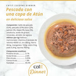 Lista de ingredientes, composición y textura de la tarrina de pescado con una capa de atún Catit Cuisine Dinner.