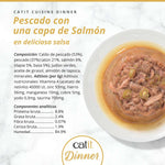Lista de ingredientes, composición y textura de la tarrina de pescado con una capa de salmón Catit Cuisine Dinner.