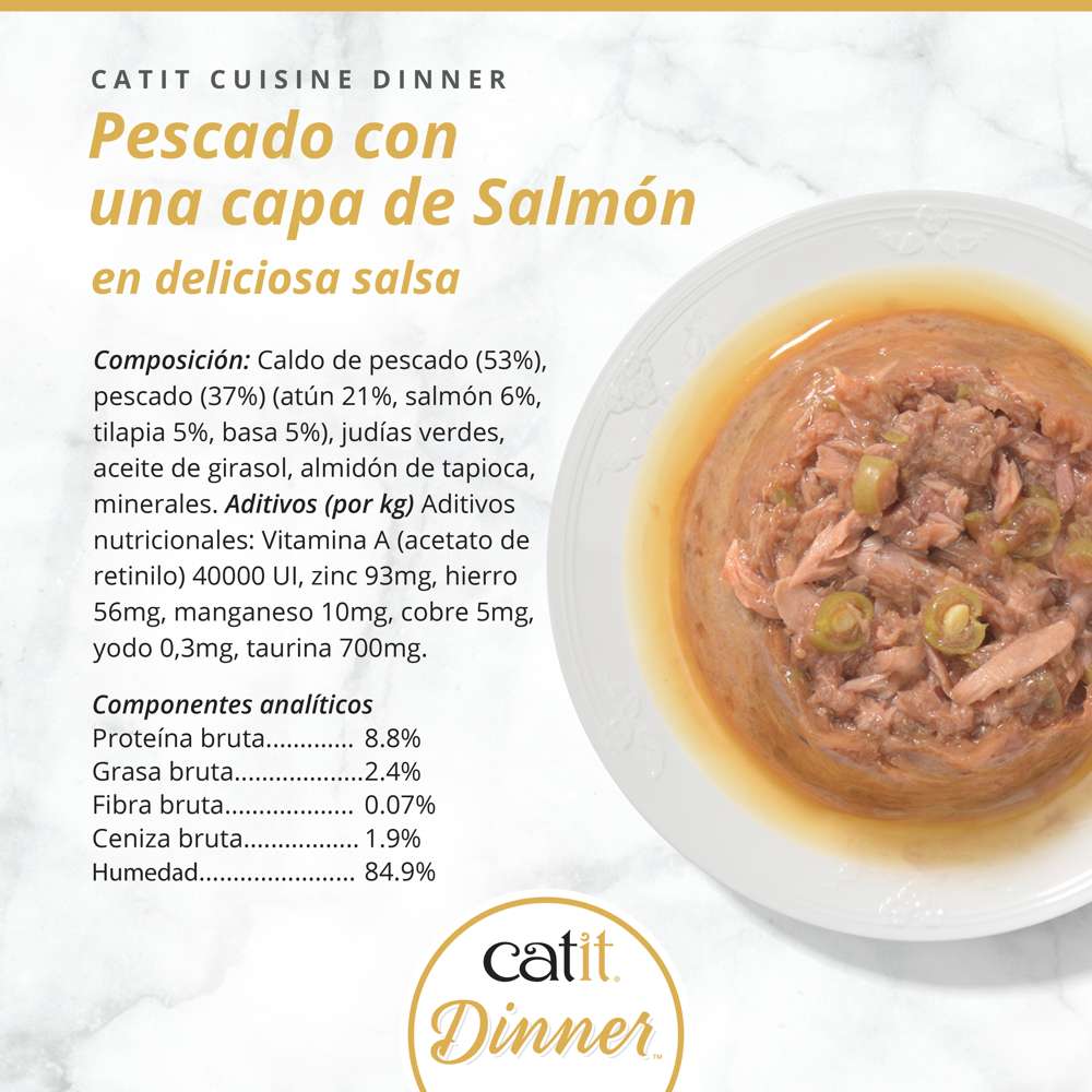 Lista de ingredientes, composición y textura de la tarrina de pescado con una capa de salmón Catit Cuisine Dinner.