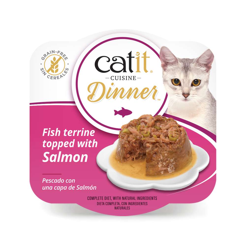 Comida húmeda Catit Cuisine Dinner de pescado con una capa de salmón, tarrina natural sin cereales.