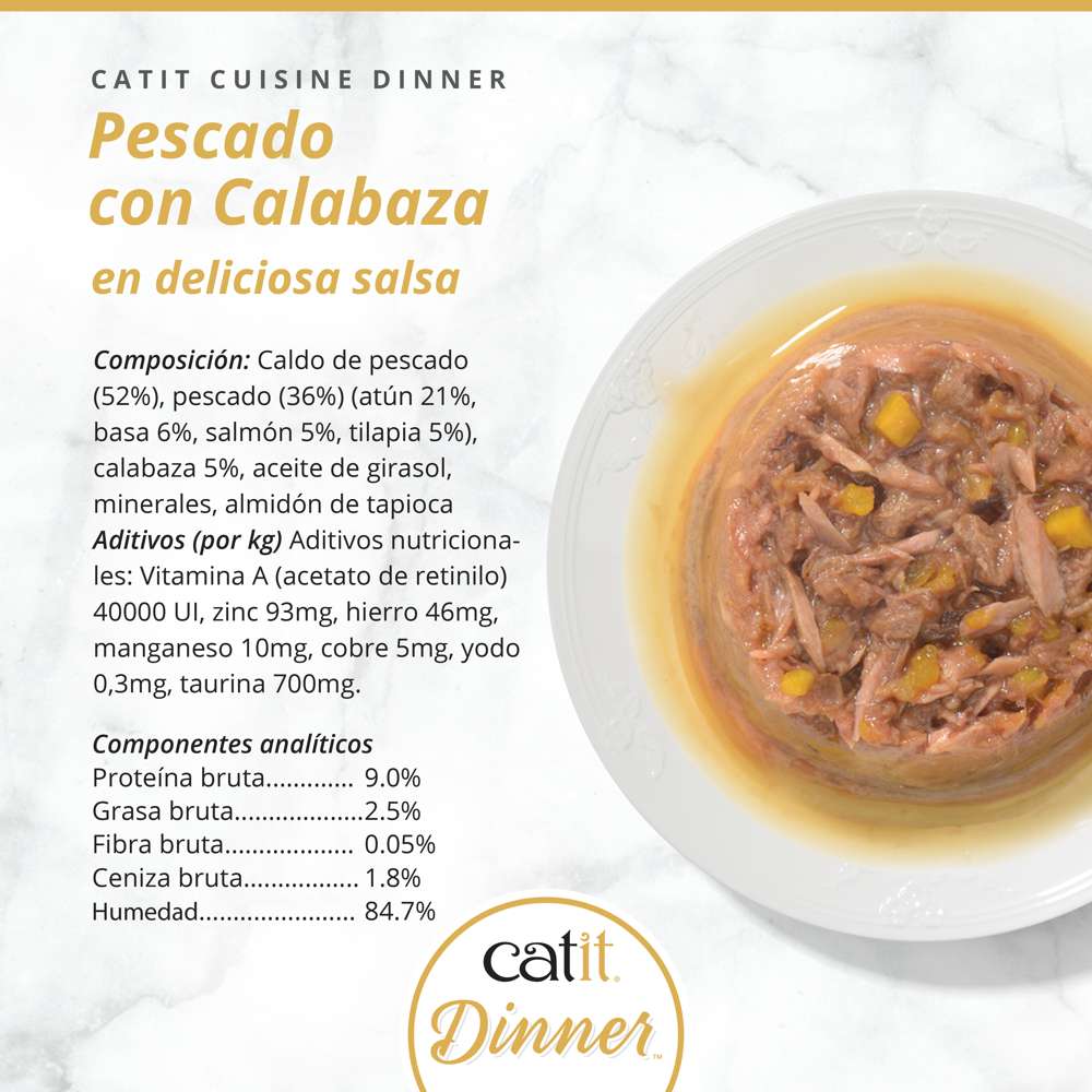 Lista de ingredientes, composición y textura de la tarrina de pescado con calabaza Catit Cuisine Dinner.