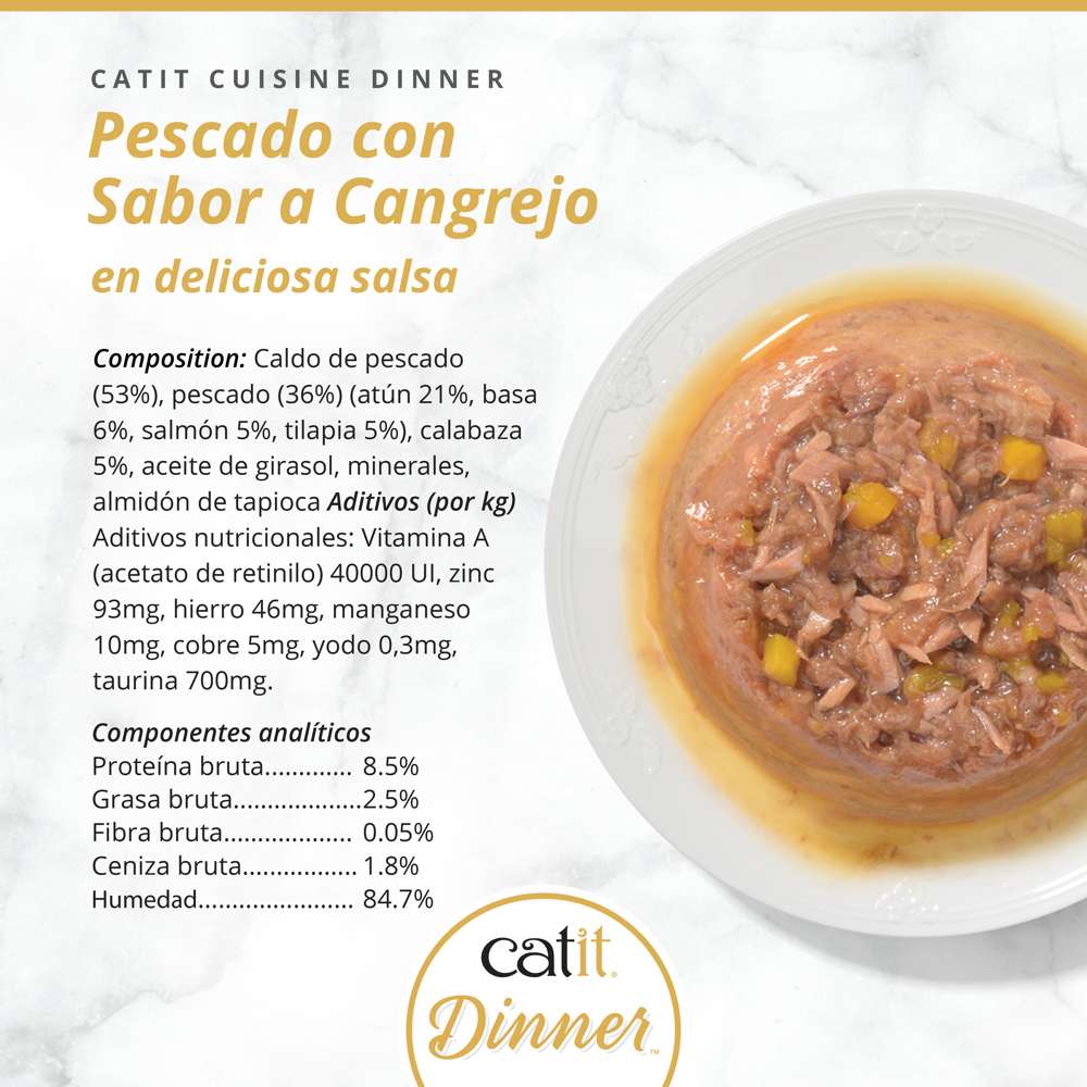 Lista de ingredientes, composición y textura de la tarrina de pescado con sabor a cangrejo Catit Cuisine Dinner.