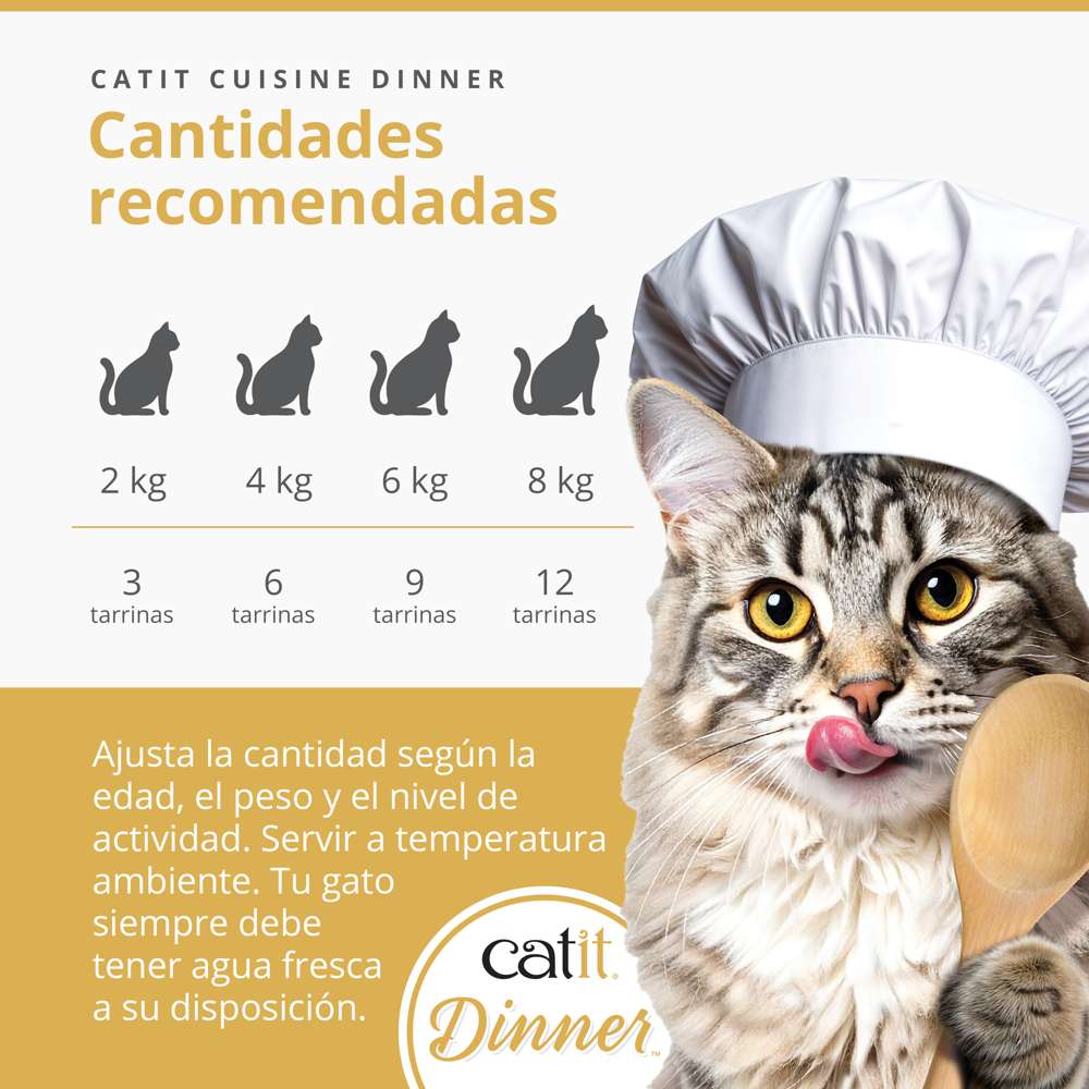 Guía de raciones diarias recomendadas de Catit Cuisine Dinner según peso del gato y gato chef con cuchara.