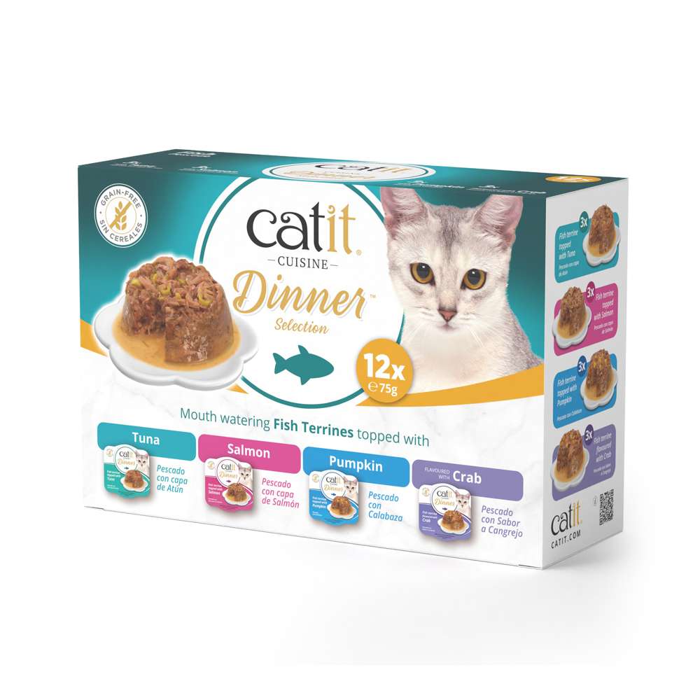 Multipack Catit Cuisine Dinner Selección de Pescado sin cereales: variedades de Atún, Salmón, Calabaza y Cangrejo.