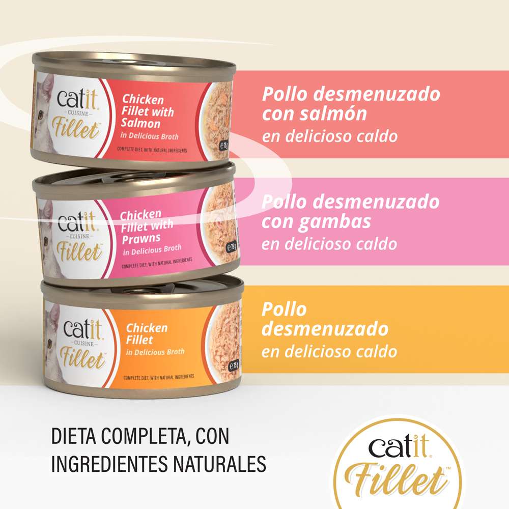 Latas Catit Cuisine Fillet en tres sabores: pollo con salmón, pollo con gambas y pollo, con ingredientes naturales.