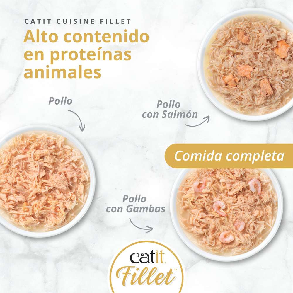 Catit Cuisine Fillet servido en cuencos mostrando tres sabores: pollo, pollo con salmón y pollo con gambas, alto en proteínas.