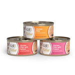 Latas de comida húmeda Catit Cuisine Fillet para gatos en tres sabores: pollo, pollo con salmón y pollo con gambas en caldo delicioso.

