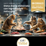 Tres gatos cocinando con ingredientes frescos representando Catit Cuisine Fillet, dieta natural sin cereales con taurina.