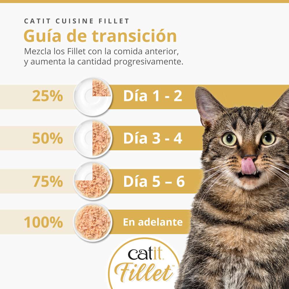 Guía de transición Catit Cuisine Fillet mostrando porcentajes progresivos de mezcla durante 6 días con gato atigrado.

 