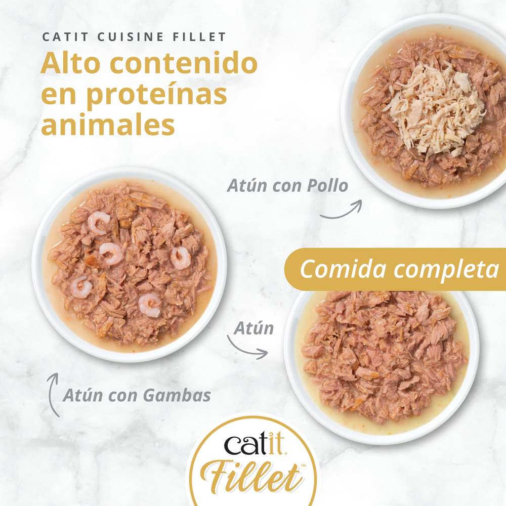 Comida húmeda natural Catit Cuisine Fillet variedades Atún con Gambas, Pollo y Atún, rica en proteínas animales.
