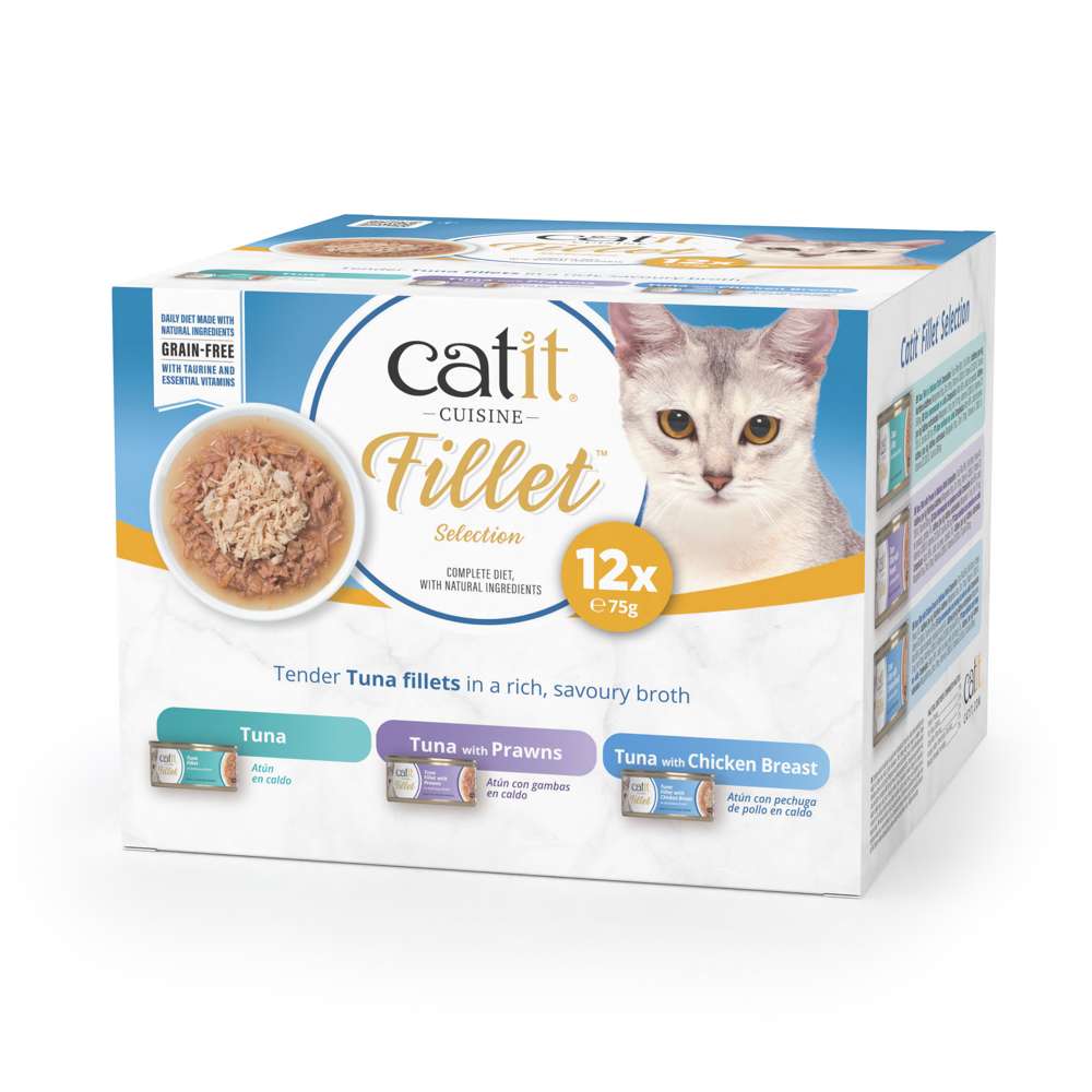 Caja multipack Catit Cuisine Fillet Selection Atún 12 latas: Variedades atún, atún con gambas y atún con pollo.