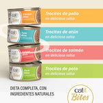 Pila de latas de comida húmeda Catit Cuisine Bites de pollo, atún, salmón y pato en salsa.