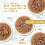 Cuatro platos de comida húmeda Catit Cuisine Bites de salmón, atún, pollo y pato con 80% ingredientes animales.