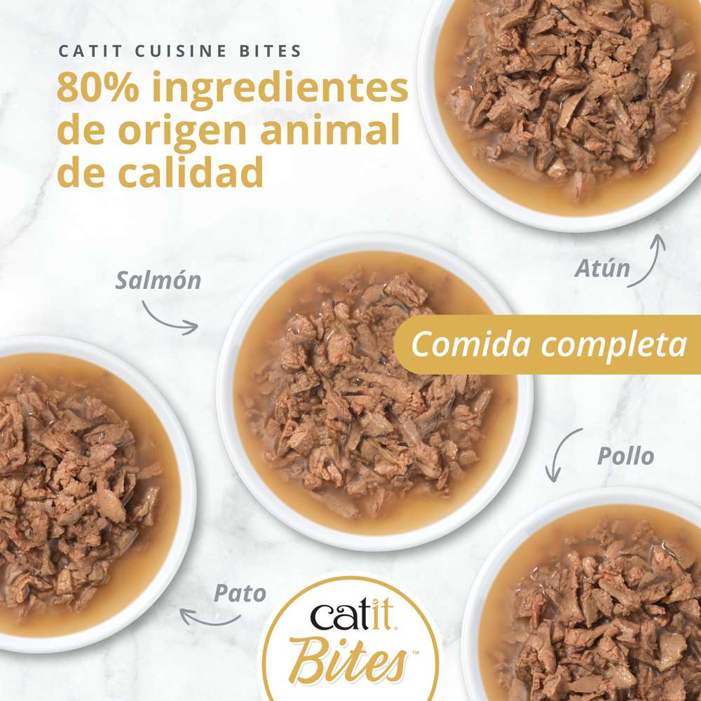 Cuatro platos de comida húmeda Catit Cuisine Bites de salmón, atún, pollo y pato con 80% ingredientes animales.