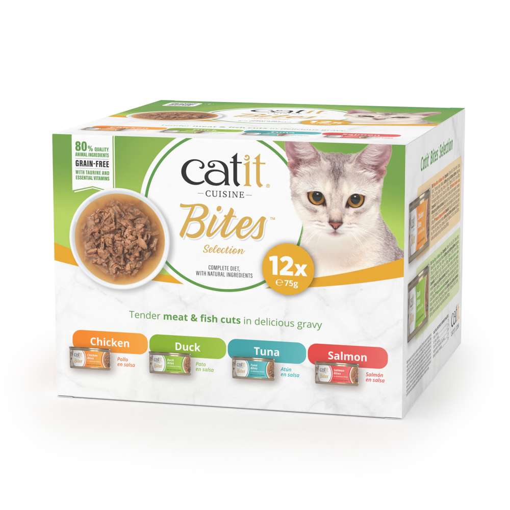 Multipack Catit Cuisine Bites Selection: trozos tiernos en salsa sin cereales, variedades Pollo, Pato, Atún y Salmón.