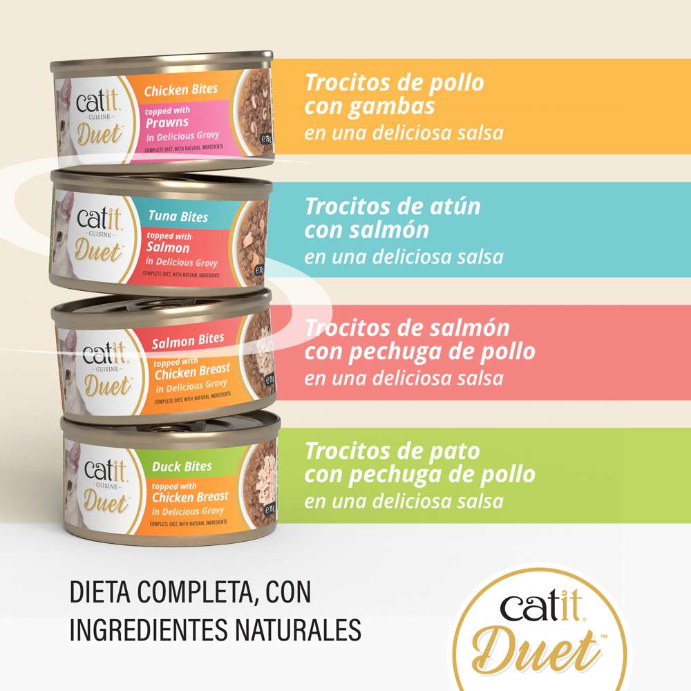 Catit Cuisine Duet en 4 sabores (pollo, atún, salmón y pato): comida húmeda sin cereales y dieta completa natural.