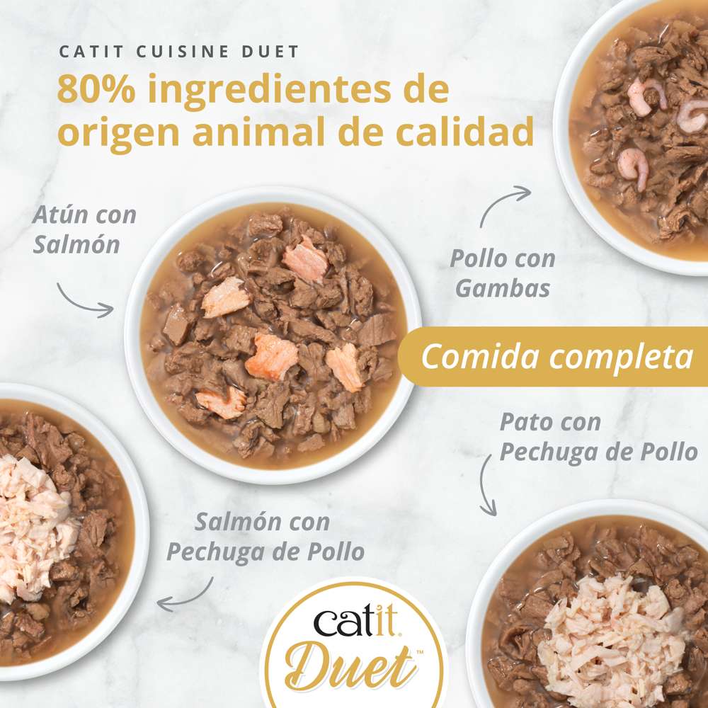 Catit Cuisine Duet servido en cuencos mostrando cuatro sabores con toppings premium, 80% ingredientes de origen animal.