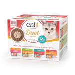Pack 12x75g Catit Cuisine Duet Selection: 4 variedades de comida húmeda sin cereales (pollo, pato, atún y salmón).